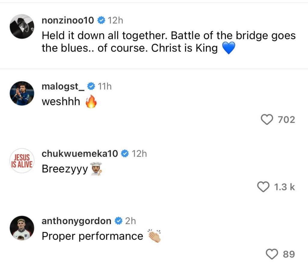 Anthony Gordon replies to Noni Madueke on Instagram