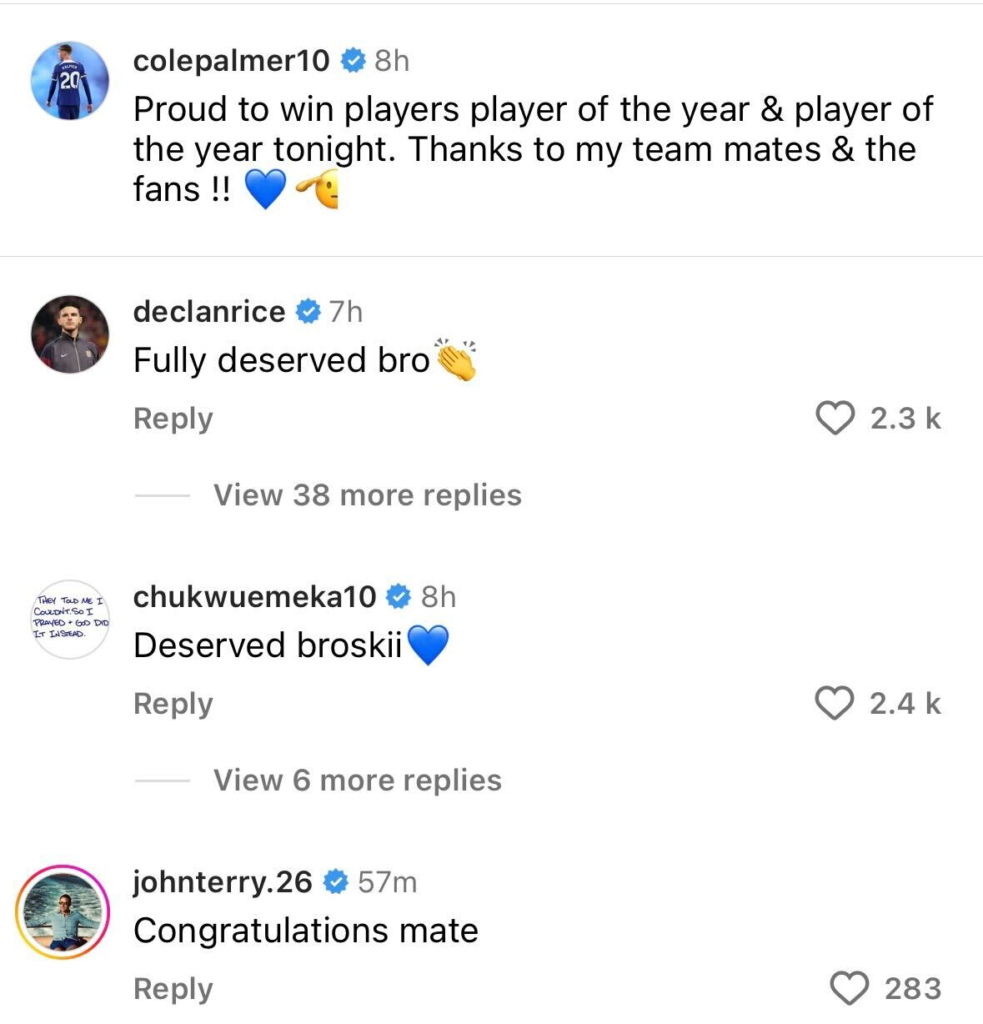 John Terry and Declan Rice respond to Cole Palmer on Instagram
