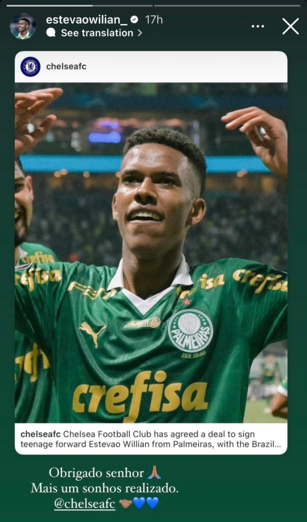 Estevao Willian shares Chelsea's announcement of his signing on his Instagram.