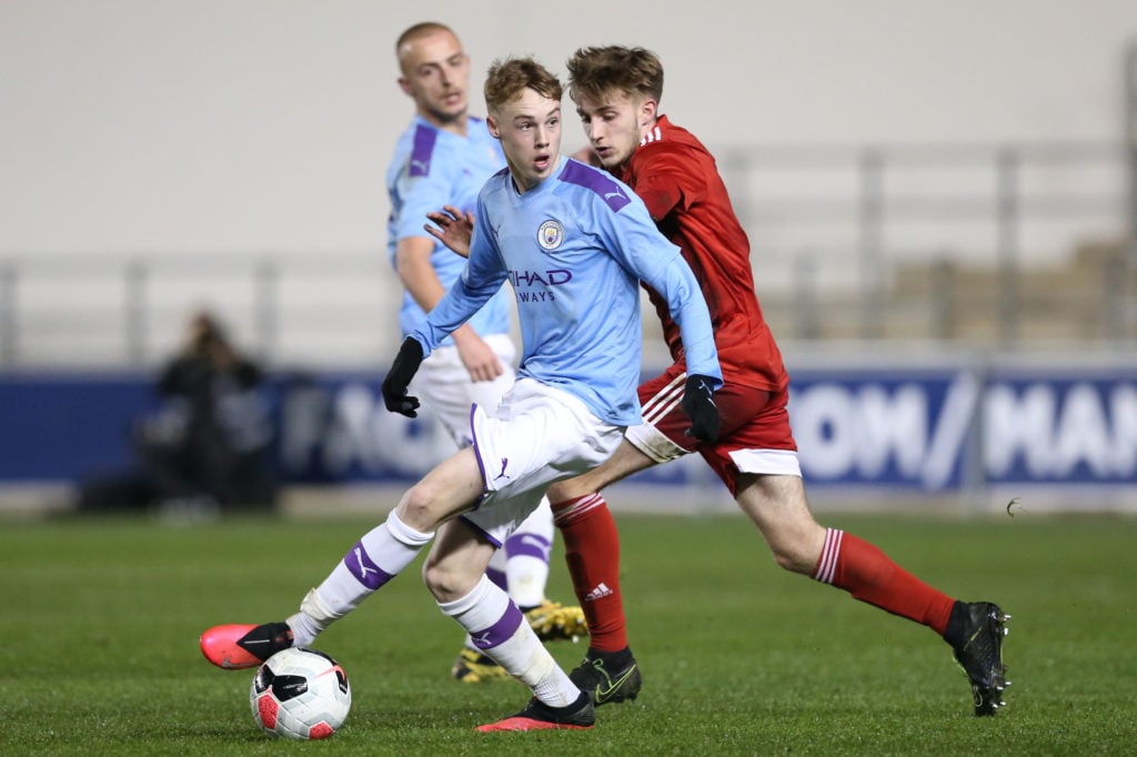 Cole Palmer of Manchester City on the ball during the FA Youth Cup: Fifth Round match between Manchester City and Fulham FC at The Academy Stadium ...