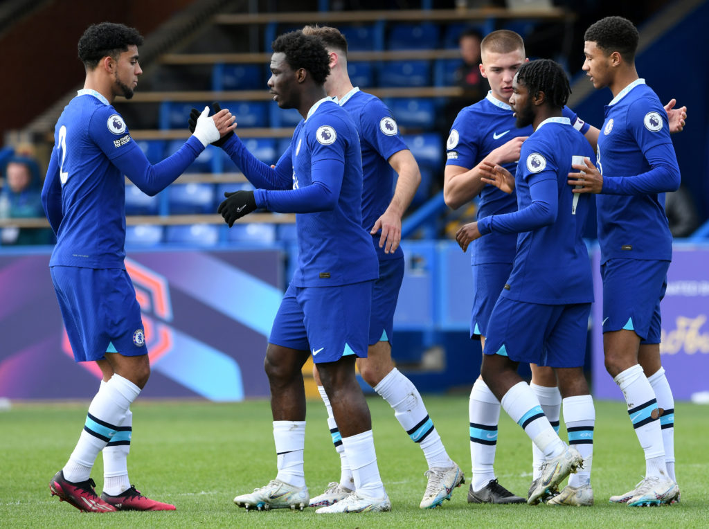 David Datro Fofana of Chelsea celebrates his goal with team mates during the Chelsea U21 v Liverpool U21 Premier League 2 match on March 11, 2023 i...