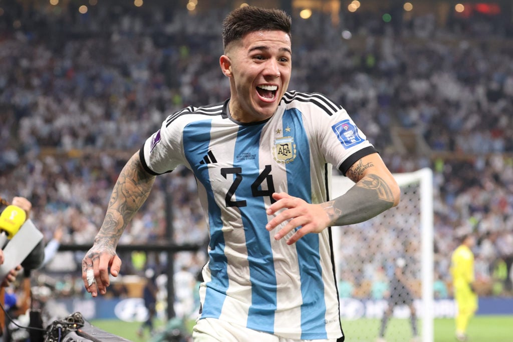 Enzo Fernandez of Argentina celebrates the team's third goal scored by Lionel Messi during the FIFA World Cup Qatar 2022 Final match between Argent...