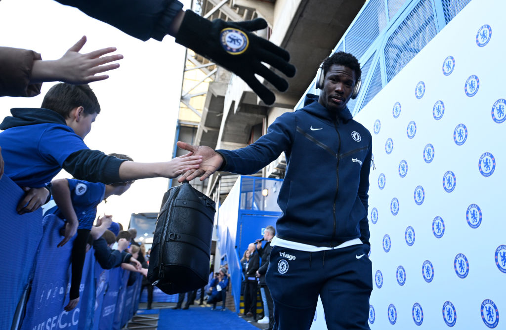 David Datro Fofana of Chelsea arrives at the stadium prior to the Premier League match between Chelsea FC and Crystal Palace at Stamford Bridge on ...