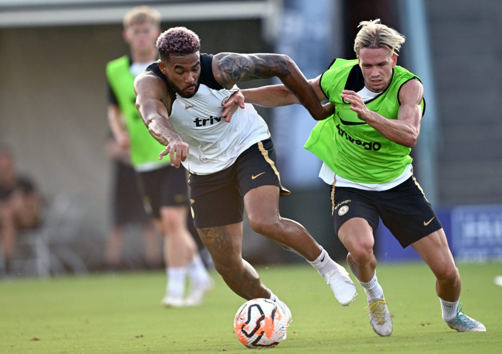 Reece James and Mykhailo Mudryk of Chelsea during a training session at the NovaCare Centre on July 21, 2023 in Philadelphia, Pennsylvania.