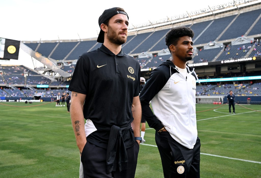 Ben Chilwell and Ian Maatsen of Chelsea inspect the pitch prior to the pre-season friendly match between Chelsea FC and Borussia Dortmund at Soldie...