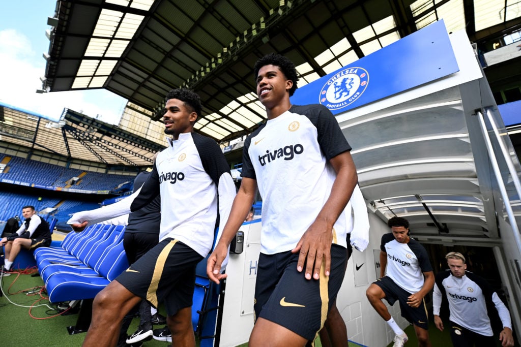 Ian Maatsen and Andrey Santos of Chelsea before a training session at Stamford Bridge on August 11, 2023 in London, England.