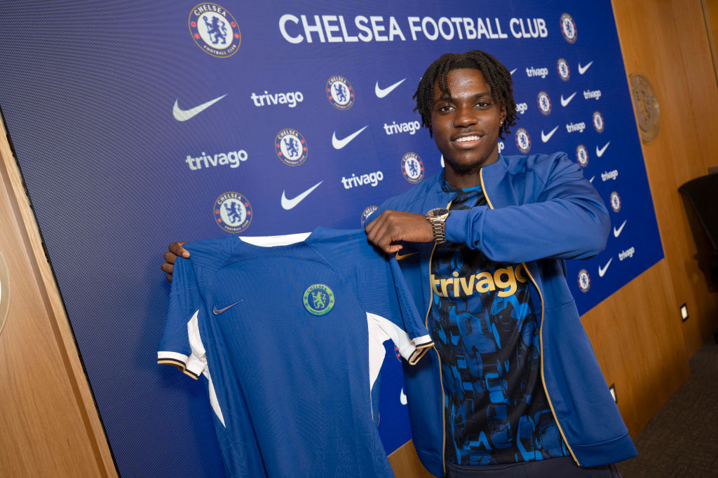 Chelsea unveil new signing Romeo Lavia at Chelsea training Ground on August 18, 2023 in Cobham, England.