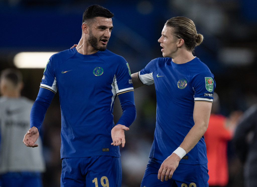 Armando Broja and Conor Gallagher of Chelsea chat after the Carabao Cup Third Round match between Chelsea and Brighton & Hove Albion at Stamfor...