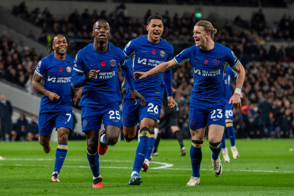 Moises Caicedo of Chelsea FC celebrate with Levi Colwill, Raheem Sterling, Conor Gallagher after scoring a goal ( later disallowed by var decision)...