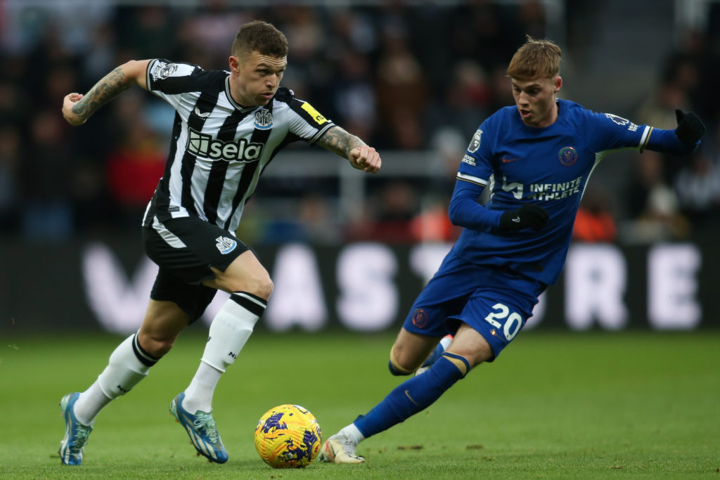 Kieran Trippier of Newcastle United is taking on Cole Palmer of Chelsea during the Premier League match at St. James's Park in Newcastle, England, ...
