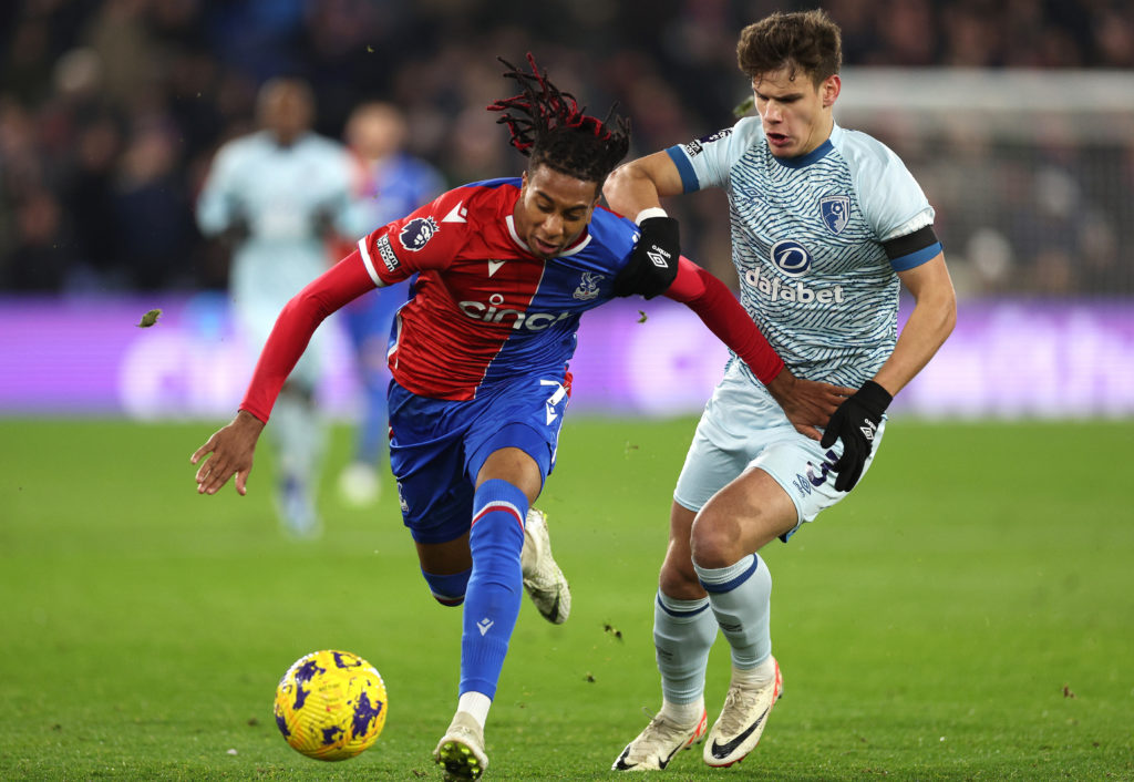 Michael Olise of Crystal Palace is tackled by Milos Kerkez of AFC Bournemouth during the Premier League match between Crystal Palace and AFC Bourne...