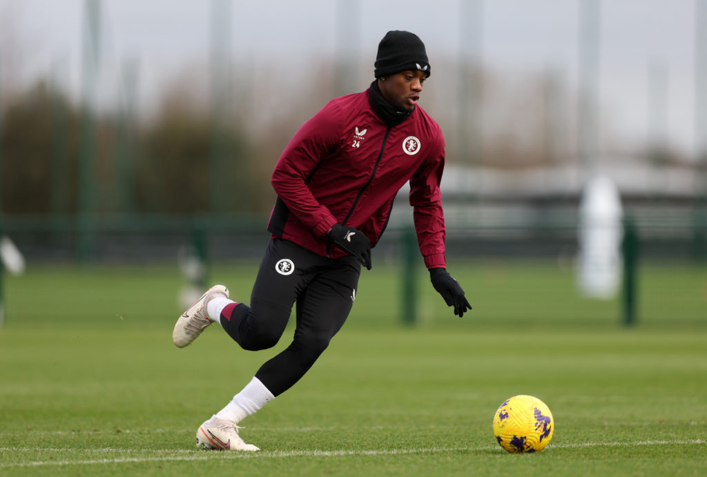Jhon Duran of Aston Villa in action during a training session at Bodymoor Heath training ground on December 20, 2023 in Birmingham, England.