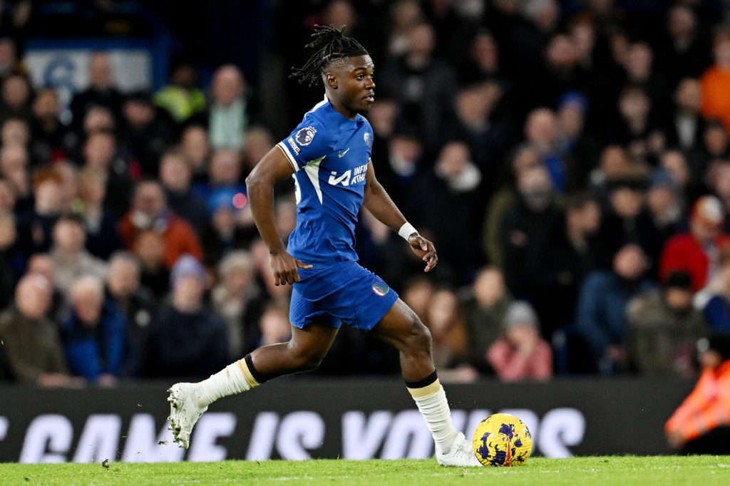 Romeo Lavia of Chelsea runs with the ball during the Premier League match between Chelsea FC and Crystal Palace at Stamford Bridge on December 27, ...