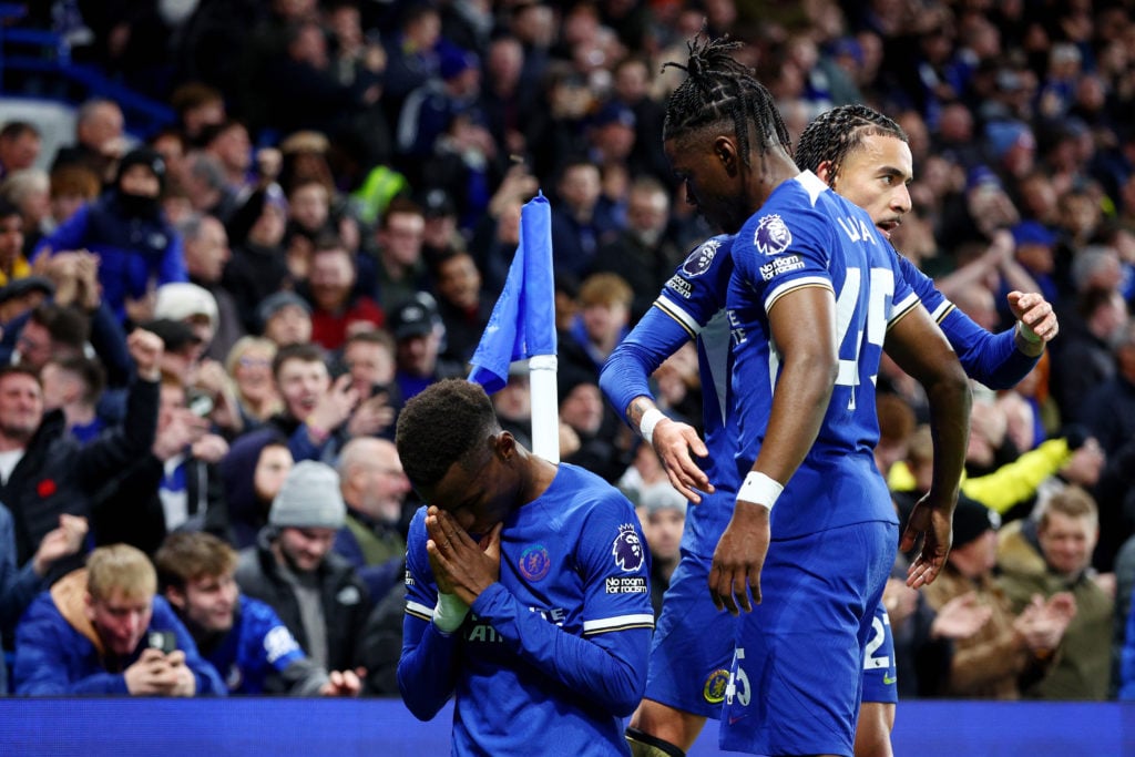 Nicolas Jackson of Chelsea celebrates after scoring their team's second goal which is later disallowed for offside following a VAR review during th...