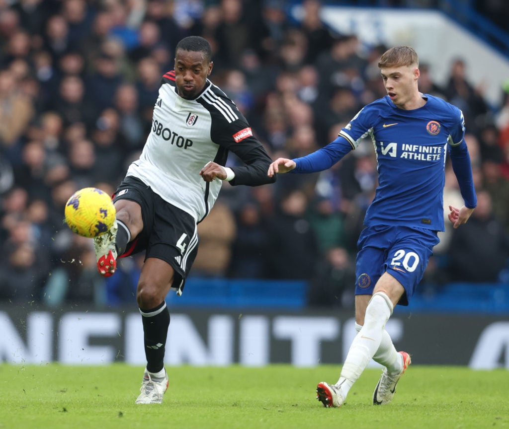 Fulham's Tosin Adarabioyo and Chelsea's Cole Palmer during the Premier League match between Chelsea FC and Fulham FC at Stamford Bridge on January ...