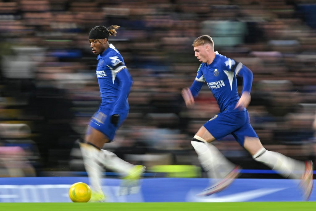 Noni Madueke of Chelsea and Cole Palmer of Chelsea in action during the Carabao Cup Semi Final Second Leg match between Chelsea and Middlesbrough a...