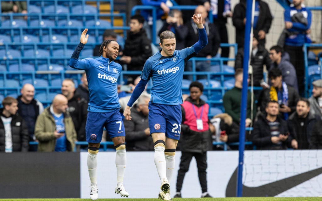 Chelsea's Raheem Sterling (left) and  Conor Gallagher warming up before the match during the Premier League match between Chelsea FC and Wolverhamp...