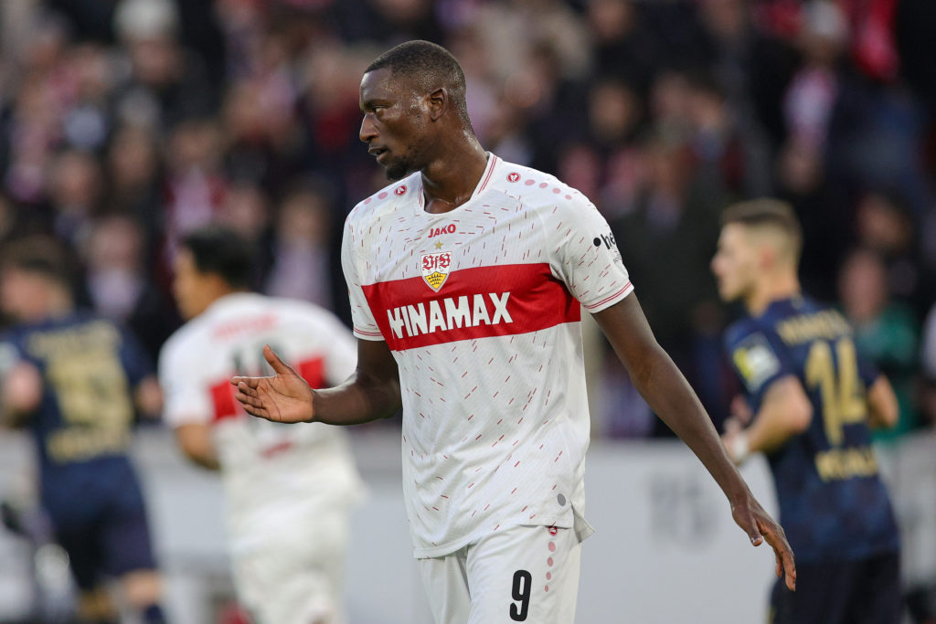 Serhou Guirassy of VfB Stuttgart looks on during the Bundesliga match between VfB Stuttgart and 1. FSV Mainz 05 at MHPArena on February 11, 2024 in...