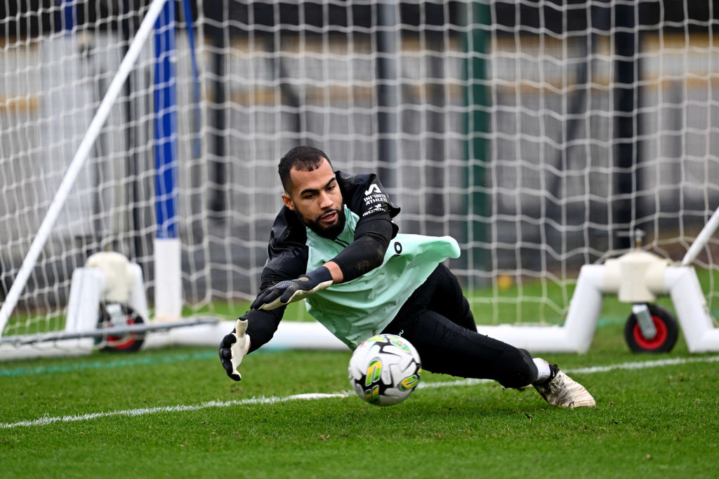 Robert Sanchez of Chelsea during a training session at Chelsea Training Ground on February 20, 2024 in Cobham, England.