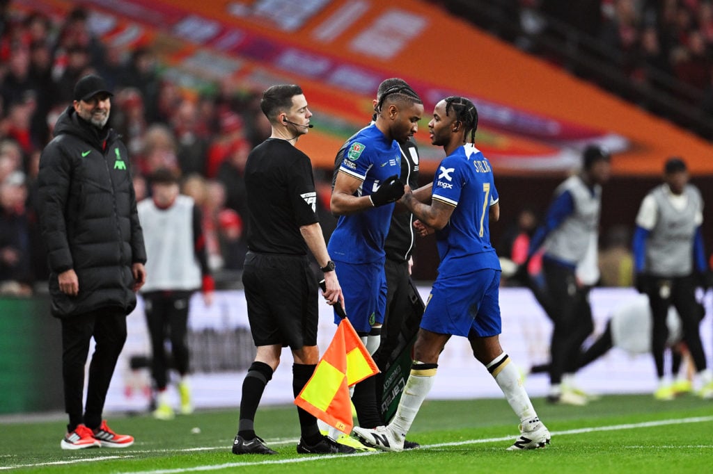Christopher Nkunku of Chelsea enters the pitch as a substitute to replace Raheem Sterling during the Carabao Cup Final match between Chelsea and Li...