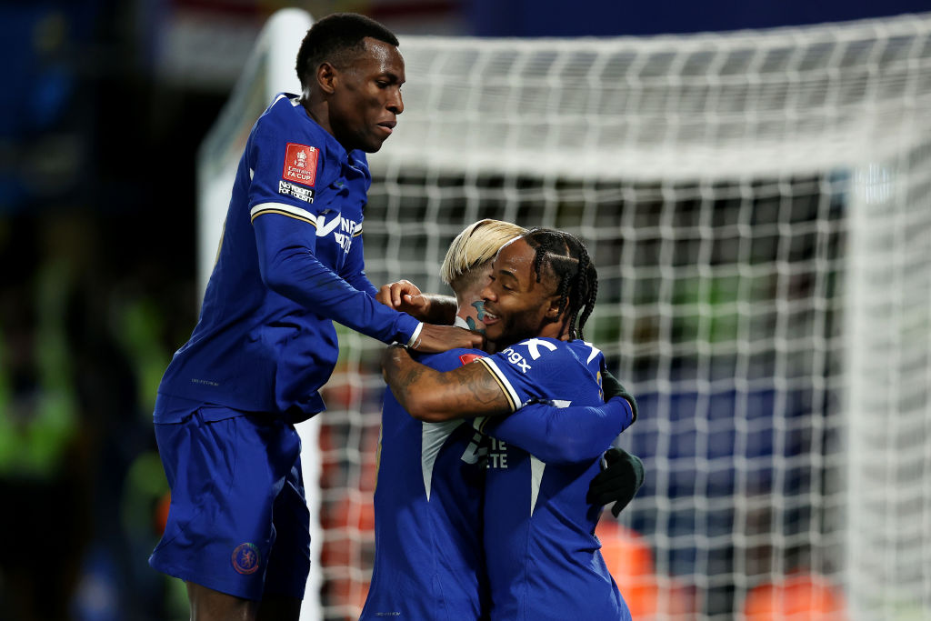 Mykhaylo Mudryk of Chelsea celebrates scoring his team's second goal with teammates Nicolas Jackson and Raheem Sterling during the Emirates FA Cup ...