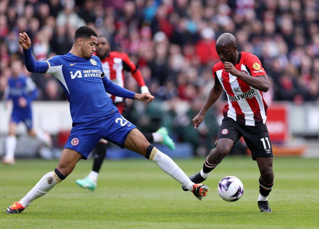 Yoane Wissa of Brentford is challenged by Levi Colwill of Chelsea during the Premier League match between Brentford FC and Chelsea FC at the Brentf...