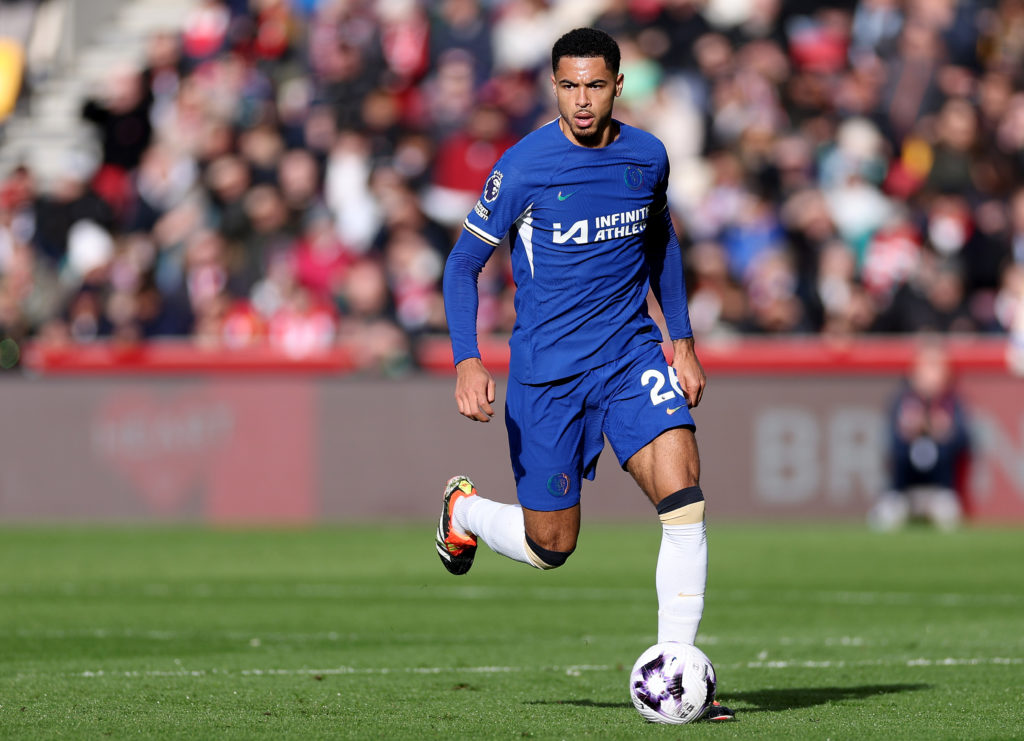 Levi Colwill of Chelsea runs with the ball during the Premier League match between Brentford FC and Chelsea FC at Brentford Community Stadium on Ma...