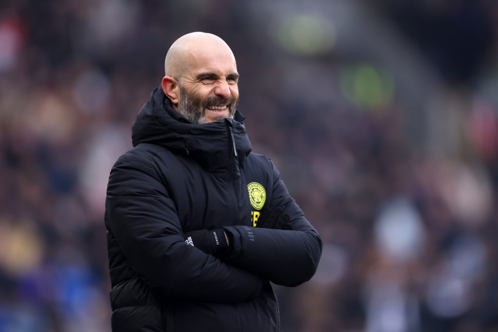 Enzo Maresca, Manager of Leicester City, reacts during the Sky Bet Championship match between Hull City and Leicester City at MKM Stadium on March ...