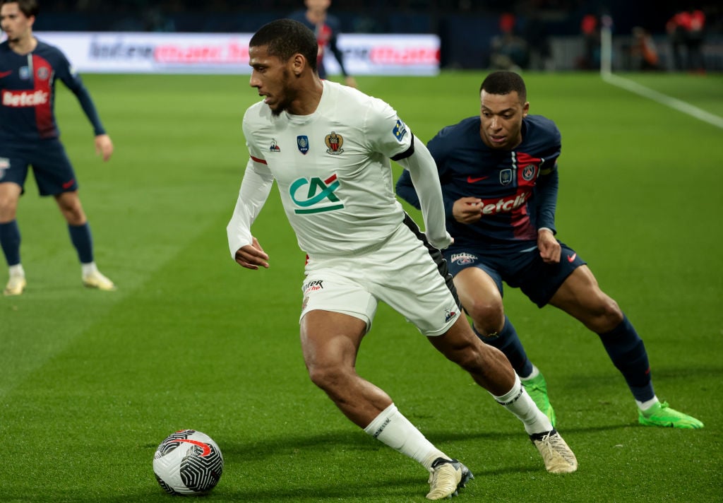 Jean-Clair Todibo of Nice, Kylian Mbappe of PSG in action during the French Cup (Coupe de France) quarterfinal match between Paris Saint-Germain (P...