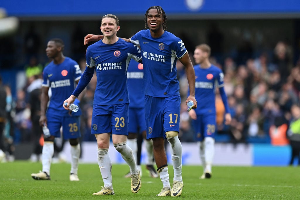 Chelsea's English midfielder #23 Conor Gallagher (L) and Chelsea's English midfielder #17 Carney Chukwuemeka (R) celebrate on the pitch after the E...