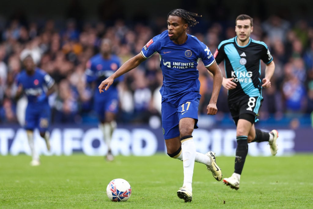 Carney Chukwuemeka of Chelsea during The Emirates FA Cup Quarter-Final match between Chelsea and Leicester City at Stamford Bridge on March 17, 202...