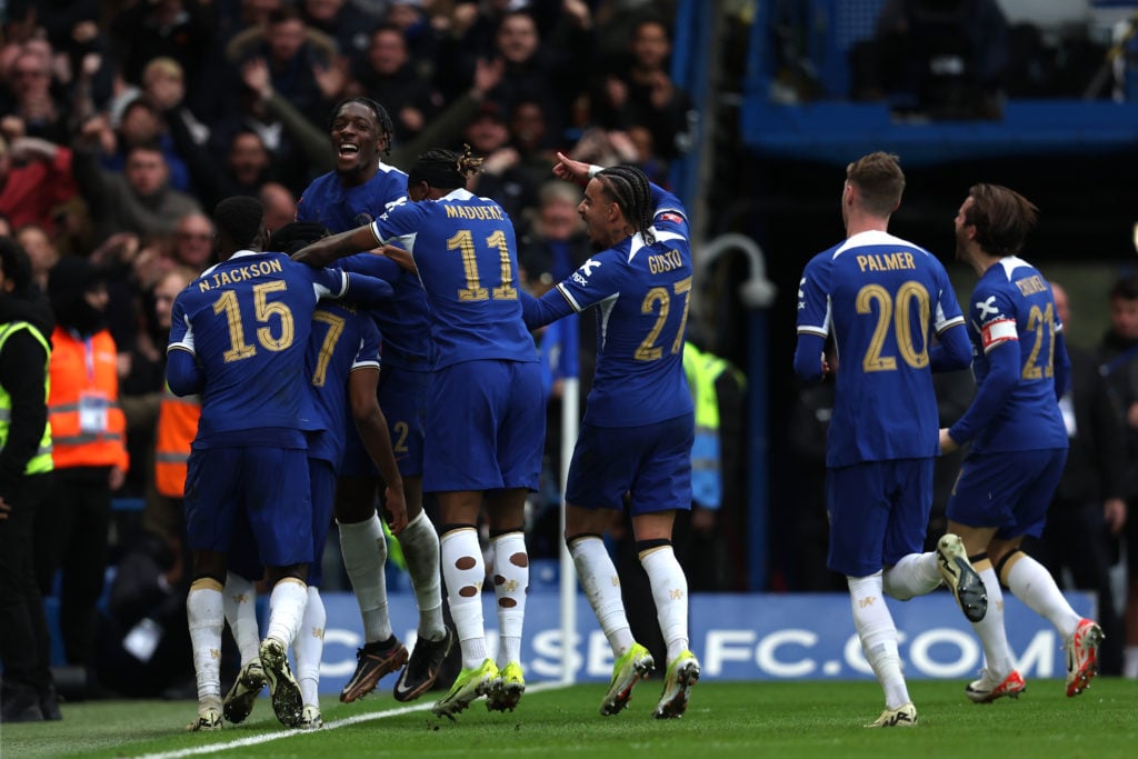 Carney Chukwuemeka of Chelsea celebrates with teammates after scoring his team's third goal during the Emirates FA Cup Quarter Final between Chelse...