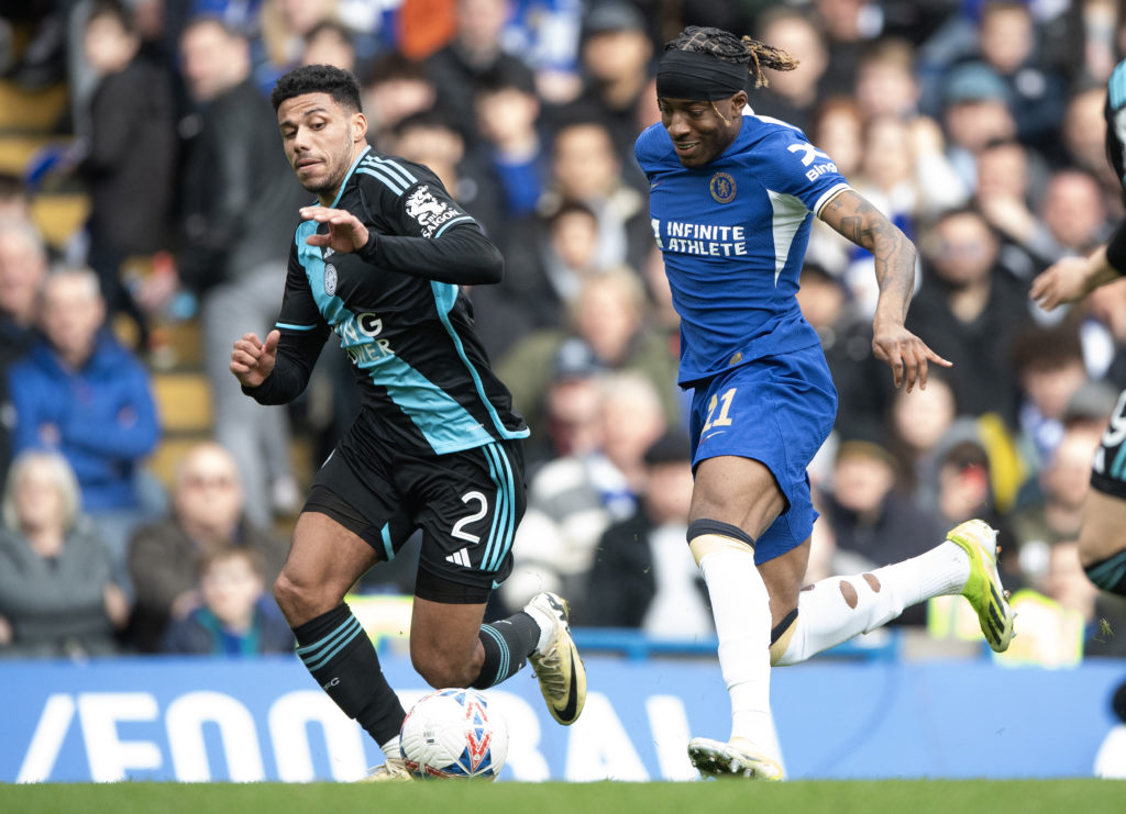 James Justin of Leicester City (left) and Noni Madueke of Chelsea during the Emirates FA Cup Quarter Final between Chelsea FC and Leicester City at...