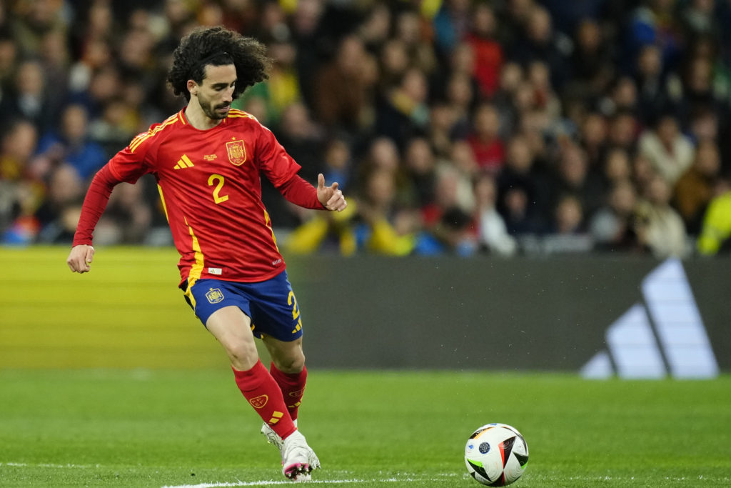 Marc Cucurella left-back of Spain and Chelsea FC during the friendly match between Spain and Brazil at Estadio Santiago Bernabeu on March 26, 2024 ...