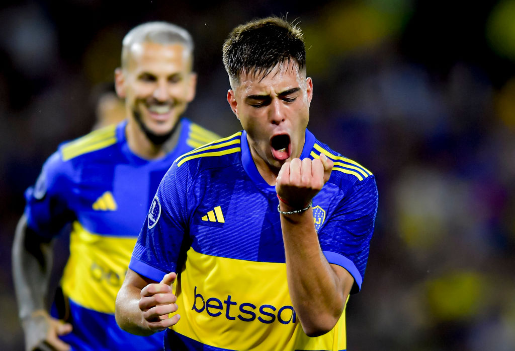 Aaron Anselmino of Boca Juniors celebrates after scoring the team's first goal during the Copa CONMEBOL Sudamericana 2024 group D match between Boc...