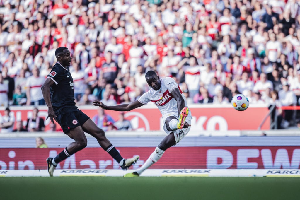 (EDITORS NOTE: Image has been digitally enhanced.) Serhou Guirassy of Stuttgart scores his side's first goal during the Bundesliga match between Vf...