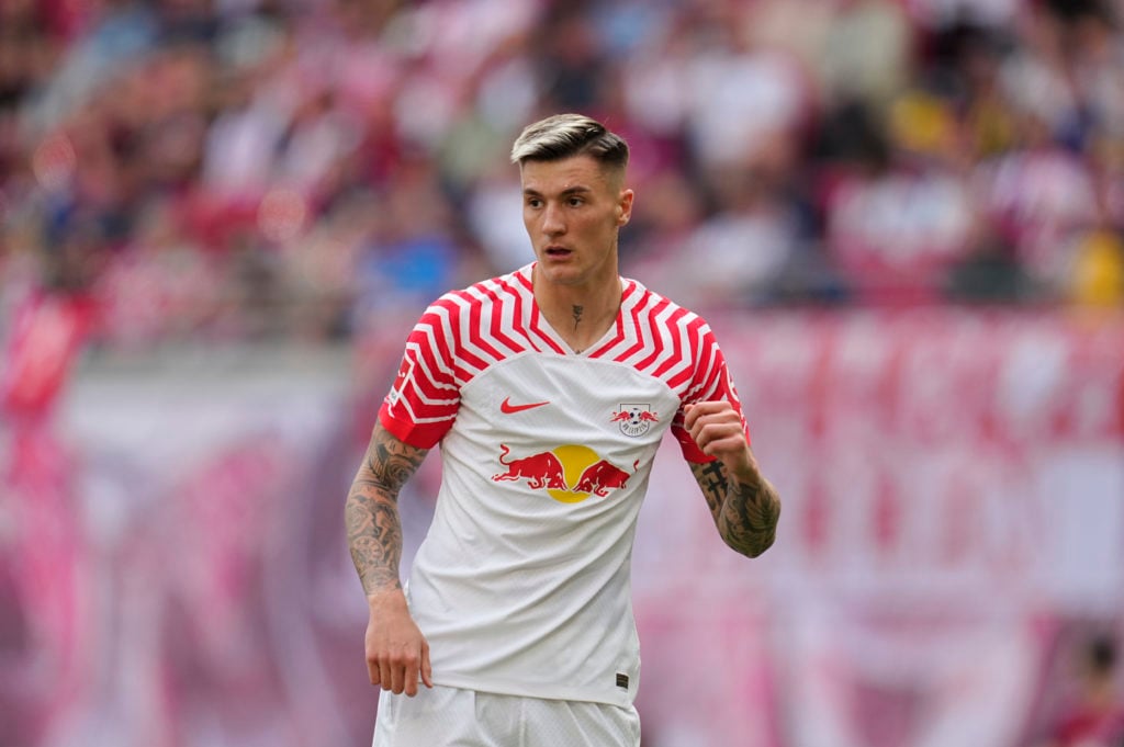 Benjamin Sesko of RB Leipzig looks on during the Bundesliga match between RB Leipzig and VfL Wolfsburg at Red Bull Arena on April 13, 2024 in Leipz...
