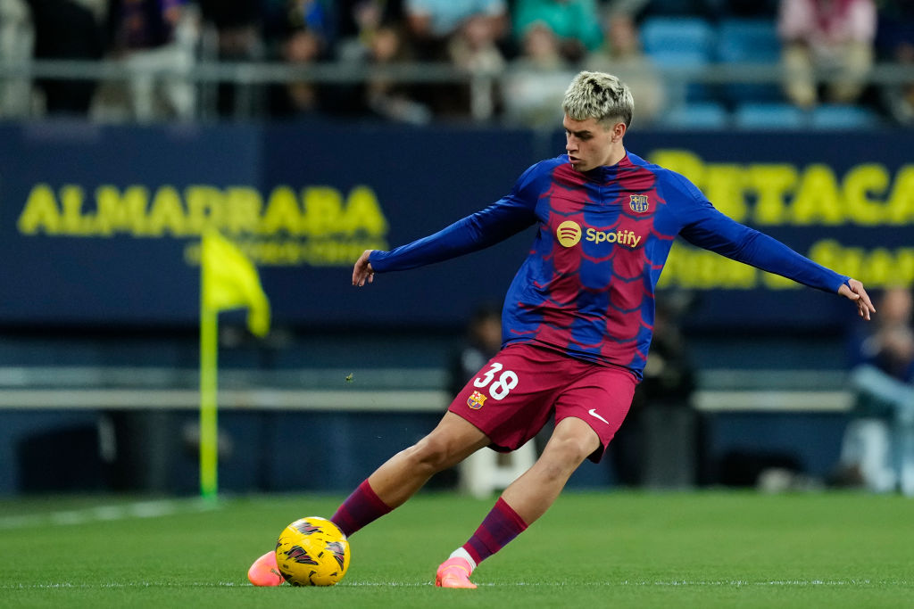 Marc Guiu centre-forward of Barcelona and Spain during the warm-up before the LaLiga EA Sports match between Cadiz CF and FC Barcelona at Estadio N...