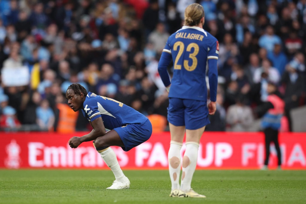 Trevoh Chalobah of Chelsea and Conor Gallagher of Chelsea react after losing the Emirates FA Cup Semi Final match between Manchester City and Chels...