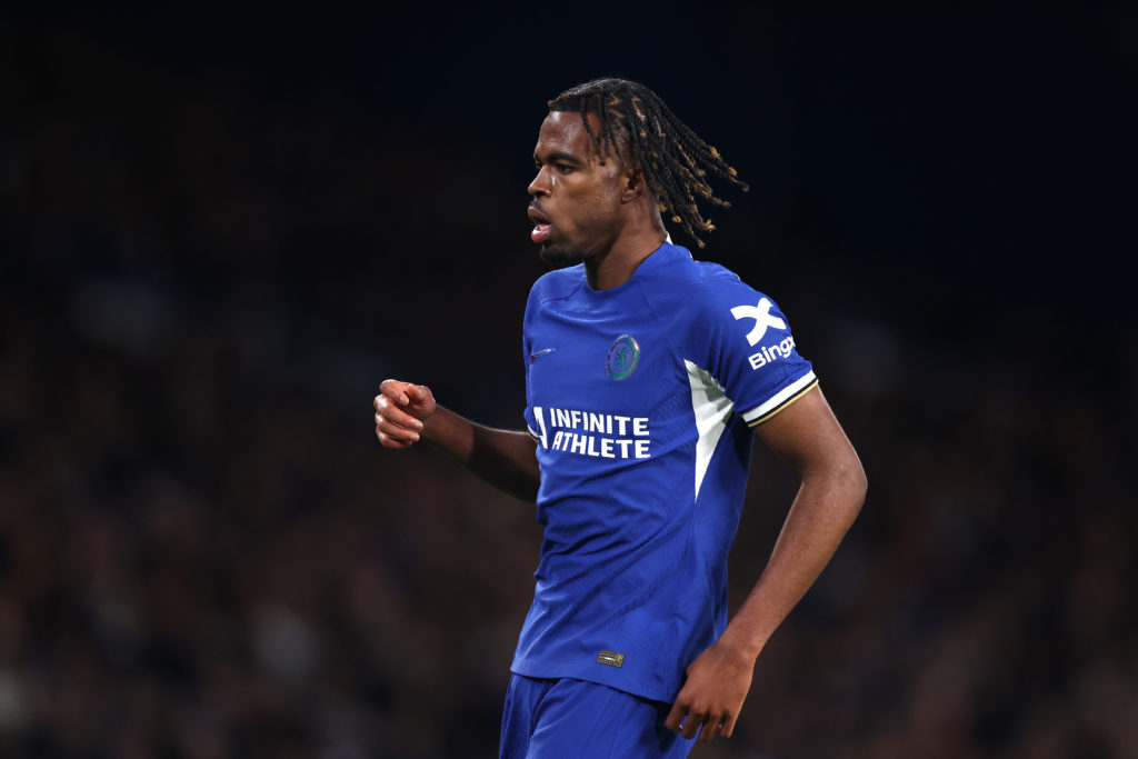 Carney Chukwuemeka of Chelsea during the Premier League match between Chelsea FC and Everton FC at Stamford Bridge on April 15, 2024 in London, Eng...