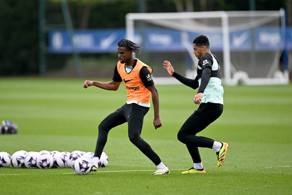 Carney Chukwuemeka and Levi Colwill of Chelsea during a open training session at Chelsea Training Ground on April 25, 2024 in Cobham, England.