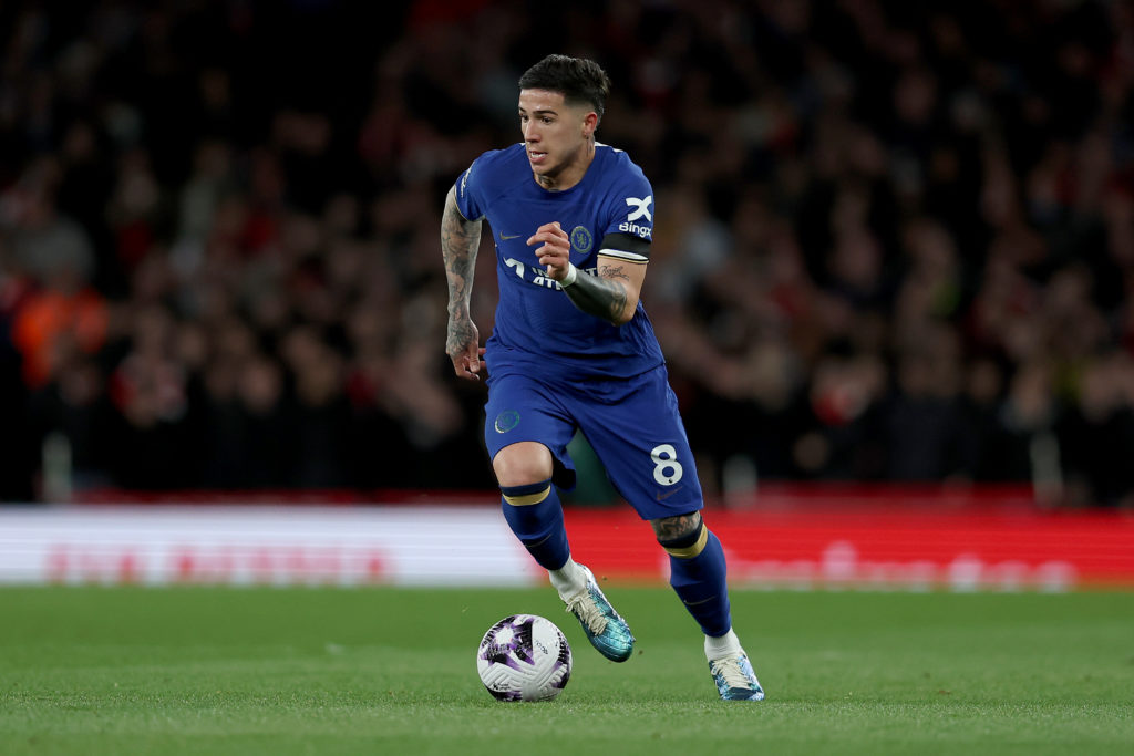 Enzo Fernandez of Chelsea runs with the ball during the Premier League match between Arsenal FC and Chelsea FC at Emirates Stadium on April 23, 202...