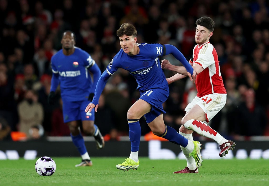 Cesare Casadei of Chelsea is challenged by Declan Rice of Arsenal during the Premier League match between Arsenal FC and Chelsea FC at Emirates Sta...