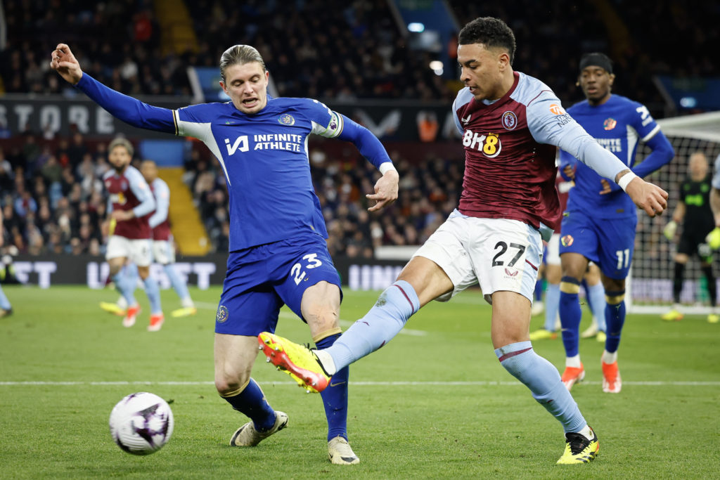 Conor Gallagher of Chelsea and Morgan Rogers of Aston Villa during the Premier League match between Aston Villa and Chelsea FC at Villa Park on Apr...