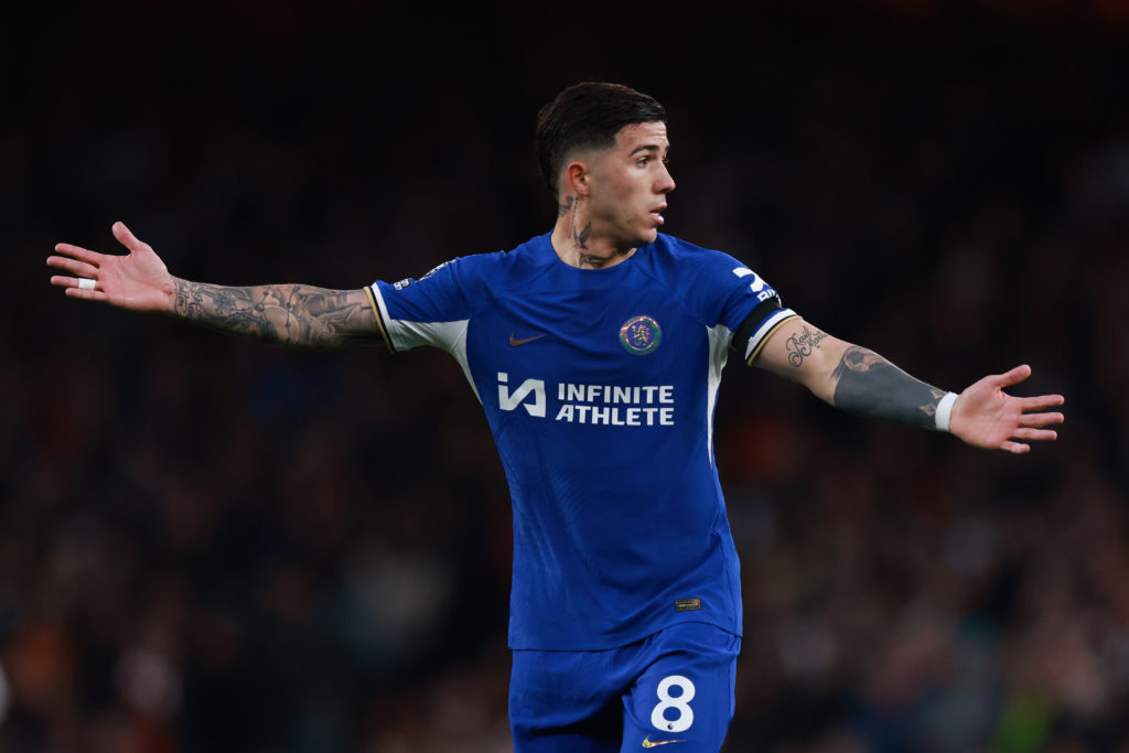 Enzo Fernandez of Chelsea during the Premier League match between Arsenal FC and Chelsea FC at Emirates Stadium on April 23, 2024 in London, Englan...