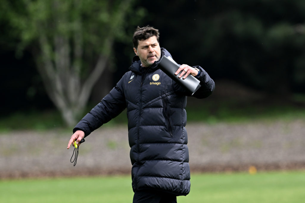Head Coach Mauricio Pochettino of Chelsea during a training session at Chelsea Training Ground on May 1, 2024 in Cobham, England.