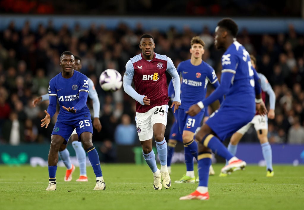 Jhon Duran of Aston Villa in action during the Premier League match between Aston Villa and Chelsea FC at Villa Park on April 27, 2024 in Birmingha...