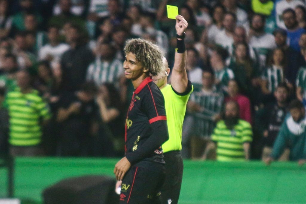 Pedro Lima of Sport Recife is receiving a yellow card during the match against Coritiba for the Brazilian League Serie B Round 3 at Couto Pereira S...