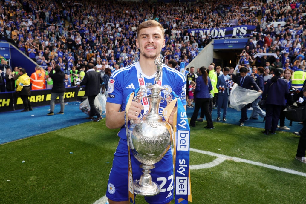 Kiernan Dewsbury-Hall of Leicester City celebrates with the Sky Bet Championship trophy after the Sky Bet Championship match between Leicester City...