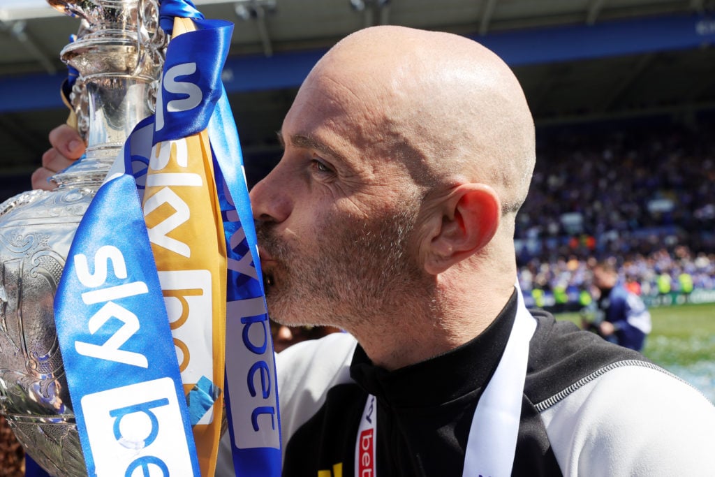 Leicester City Manager Enzo Maresca kisses the Sky Bet Championship trophy after the Sky Bet Championship match between Leicester City and Blackbur...